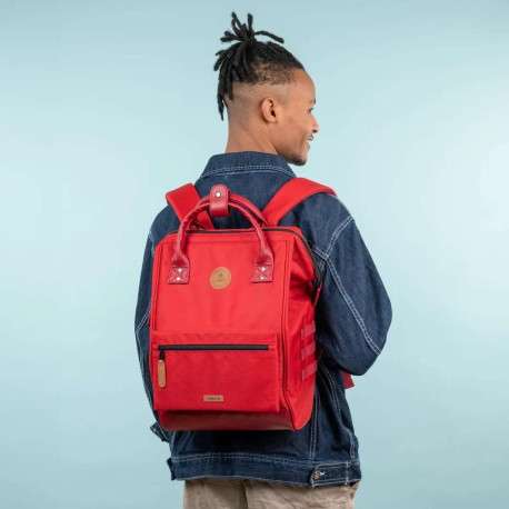 Sac à dos rouge uni avec anse et poches zippées et pochette fleurie - Image 2