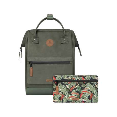 Sac à dos kaki uni avec anse et poches zippées et pochette à motif végétal