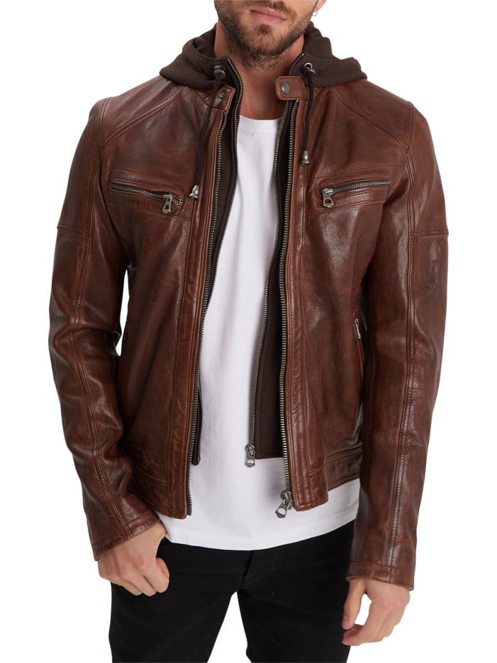 Blouson camel en cuir avec...