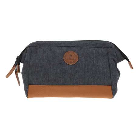 Grande trousse de toilette grise anthracite en jean avec le nom de la marque