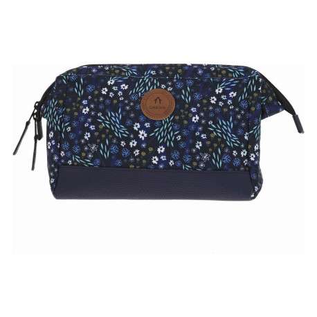 Grande trousse de toilette bleue marine fleurie avec le nom de la marque