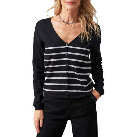 Gilet noir rayé avec une coupe droite et une fermeture boutonnée