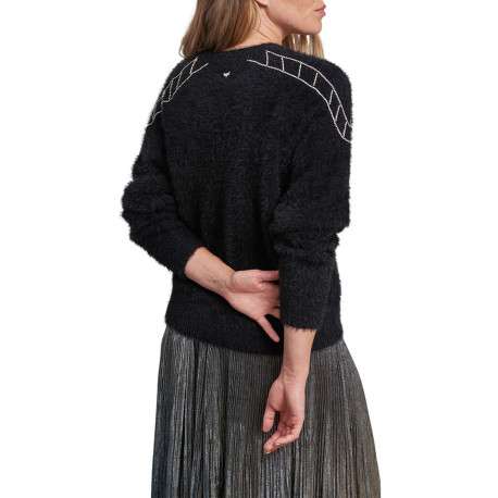 Pull noir uni avec une coupe droite à col rond et bijou décoratif - Image 2