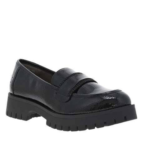 Mocassins noirs vernis à semelle à talon plat et bande strass à l'avant - Image 3