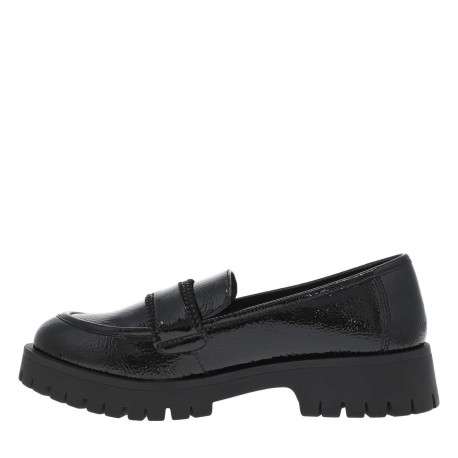 Mocassins noirs vernis à semelle à talon plat et bande strass à l'avant