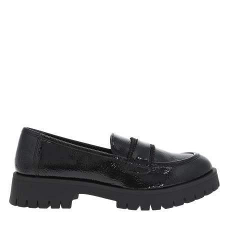 Mocassins noirs vernis à semelle à talon plat et bande strass à l'avant - Image 2