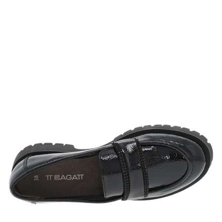 Mocassins noirs vernis à semelle à talon plat et bande strass à l'avant - Image 4