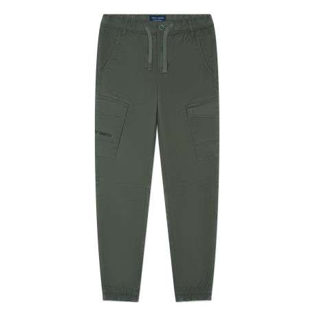 Pantalon en coton kaki uni avec une coupe droite et une taille élastiquée