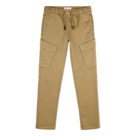 Pantalon en coton mélangé beige uni avec une coupe droite et des poches - Image 4