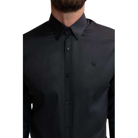 Chemise noire unie coupe slim fit col américain et à manches longues - Image 7