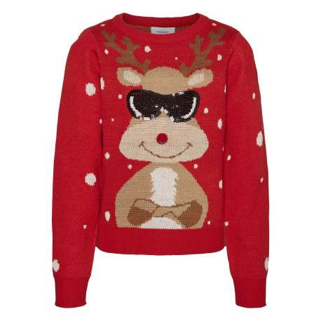 Pull rouge imprimé d'un renne de noël à l'avant avec une coupe droite