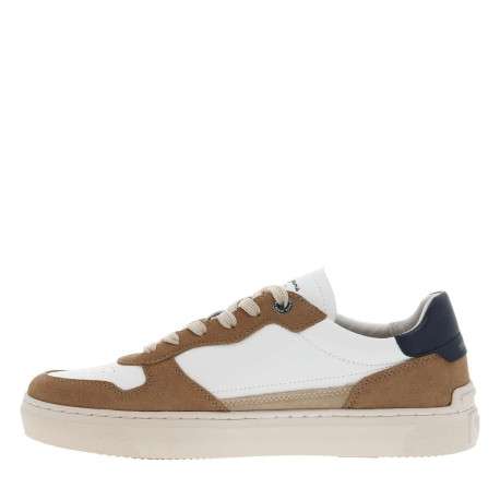 Baskets multisport en cuir blanches et beiges à senelle plate et à lacets plats