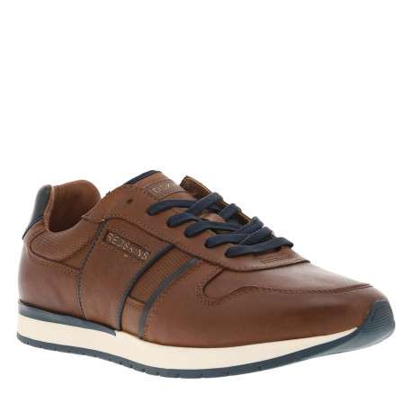 Sneakers en cuir cognac à semelle à talon plat, à lacets et empiècement - Image 3