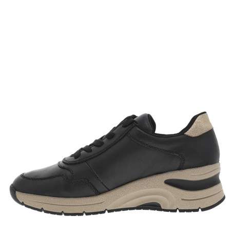 Sneakers en cuir noires à talon semi-compensé et à lacets plats noirs