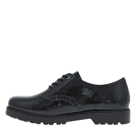 Derbies en cuir noir vernis à talon plat et fermeture à lacets ronds