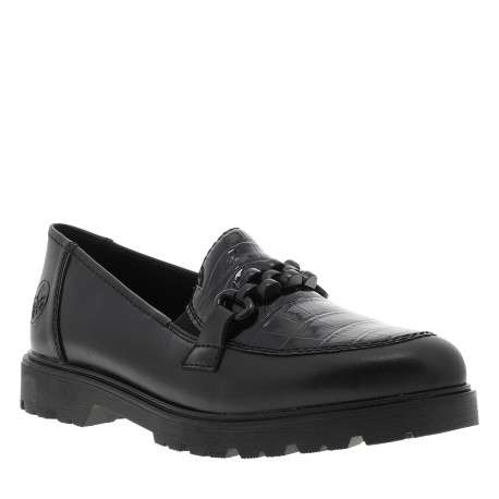 Mocassins en cuir noirs à talon décroché bas avec des soufflets élastiqués