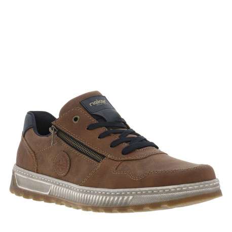 Sneakers cognac à semelle plate beige et à lacets plats bleu marine - Image 3