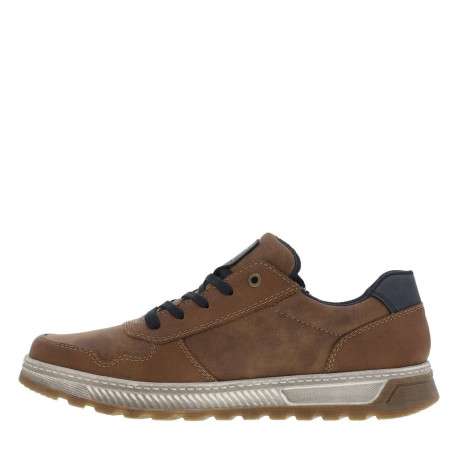 Sneakers cognac à semelle plate beige et à lacets plats bleu marine