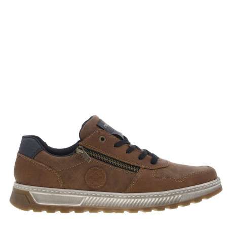 Sneakers cognac à semelle plate beige et à lacets plats bleu marine - Image 2