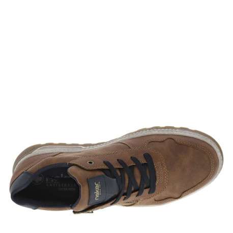 Sneakers cognac à semelle plate beige et à lacets plats bleu marine - Image 4