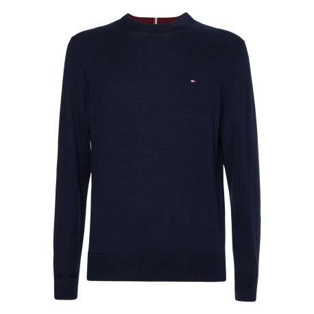 Pull marine uni avec une coupe droite et un col rond en bord côte