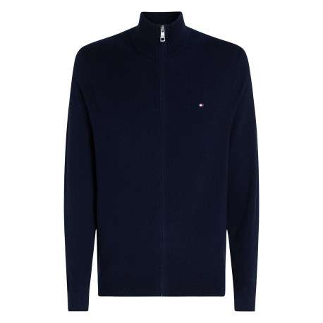 Cardigan en coton et laine marine uni avec un col montant et logo brodé