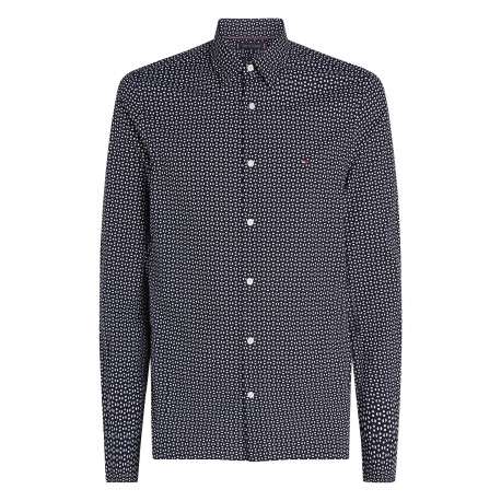 Chemise en coton marine à petits pois avec une coupe ajustée et un col français