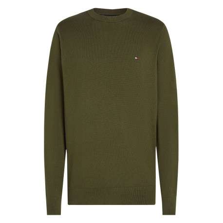Pull en coton kaki uni avec une coupe droite un col rond et un logo brodé