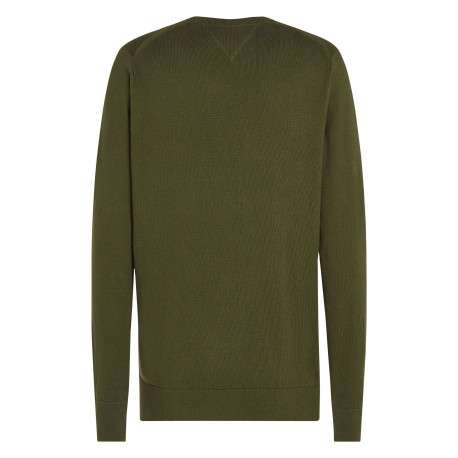 Pull en coton kaki uni avec une coupe droite un col rond et un logo brodé - Image 2