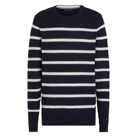 Pull en laine marine à rayures blanches avec une coupe droite et un col rond