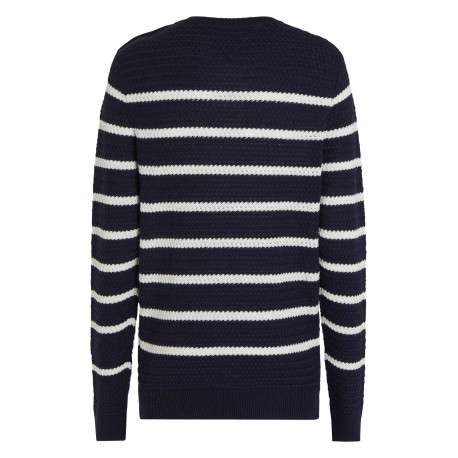 Pull en laine marine à rayures blanches avec une coupe droite et un col rond - Image 2