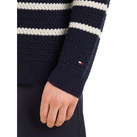 Pull en laine marine à rayures blanches avec une coupe droite et un col rond - Image 3