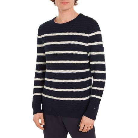Pull en laine marine à rayures blanches avec une coupe droite et un col rond - Image 4