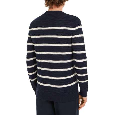 Pull en laine marine à rayures blanches avec une coupe droite et un col rond - Image 5