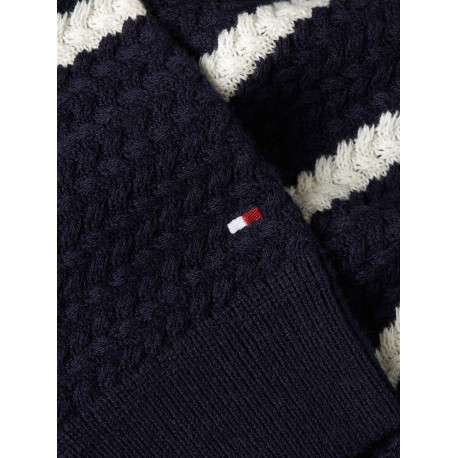 Pull en laine marine à rayures blanches avec une coupe droite et un col rond - Image 6