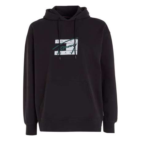 Sweat en coton régénératif noir imprimé avec une coupe droite et à capuche