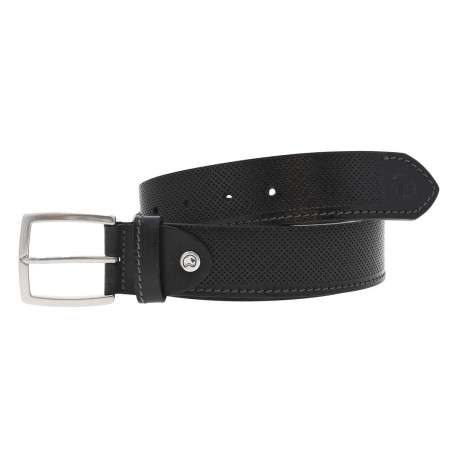Ceinture en cuir noire unie avec des petits trous et nom de la marque
