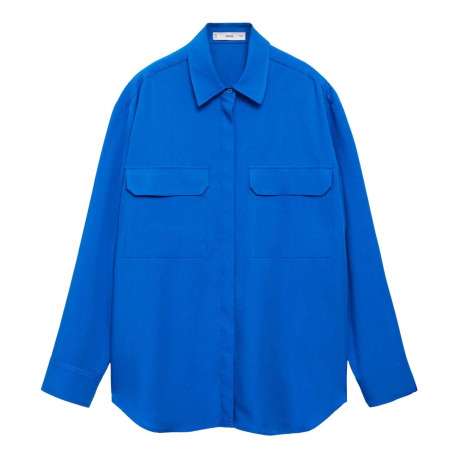 Chemisier bleu uni avec une coupe large un col français et à manches longues