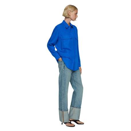 Chemisier bleu uni avec une coupe large un col français et à manches longues - Image 3