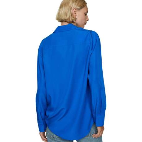 Chemisier bleu uni avec une coupe large un col français et à manches longues - Image 4