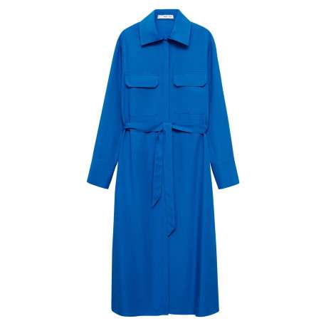 Robe longue bleue électrique unie avec une coupe droite et un col français