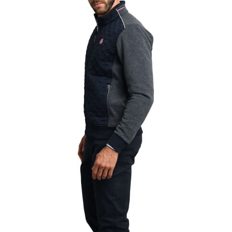 Gilet marine bi-matière ajusté avec poches zippées et à manches longues grises - Image 3