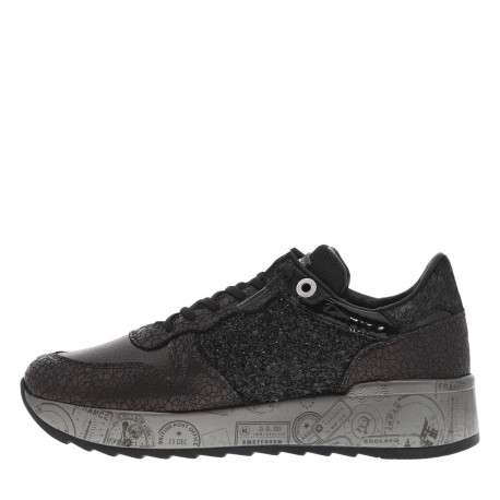 Baskets running en cuir noires à talon compensé bas avec multitextures