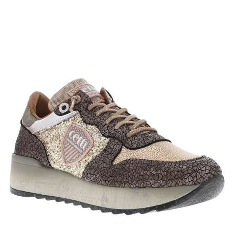 Baskets running en cuir platine à talon compensé bas et paillettes dorées - Image 3