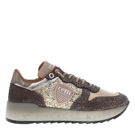 Baskets running en cuir platine à talon compensé bas et paillettes dorées - Image 2