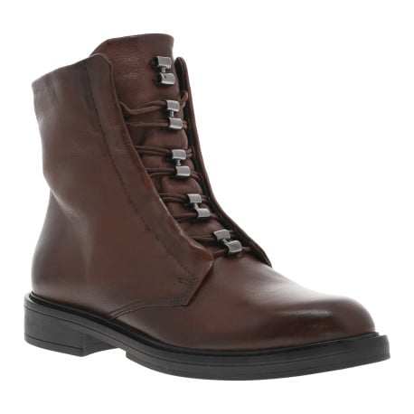 Bottines en cuir chocolat à semelle à talon décroché bas et à lacets avec zip