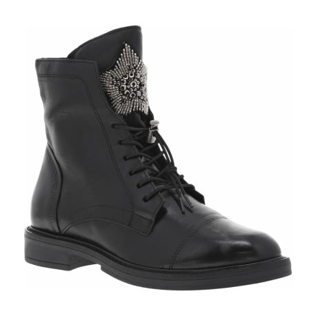 Bottines en cuir noires à semelle à talon décroché bas et bijoux décoratifs