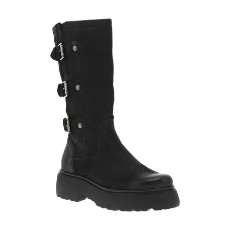 Bottes en cuir noires à semelle à talon compensé bas et boucles décoratives