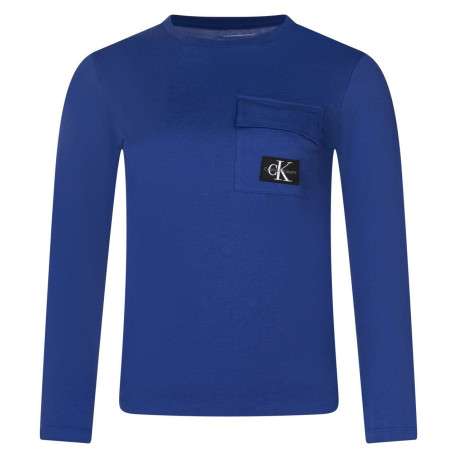 T-shirt en coton bleu uni avec un col rond et une poche à rabat