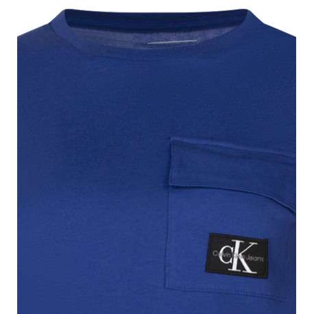 T-shirt en coton bleu uni avec un col rond et une poche à rabat - Image 3